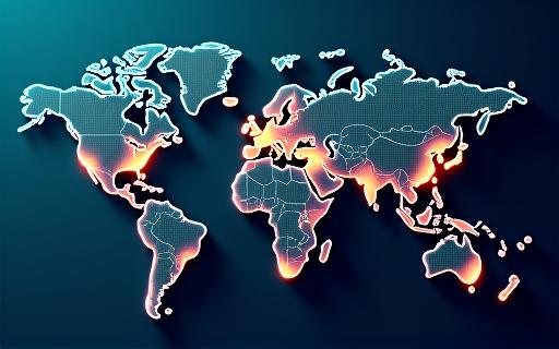 A world map with pins and connecting lines indicating global expansion.